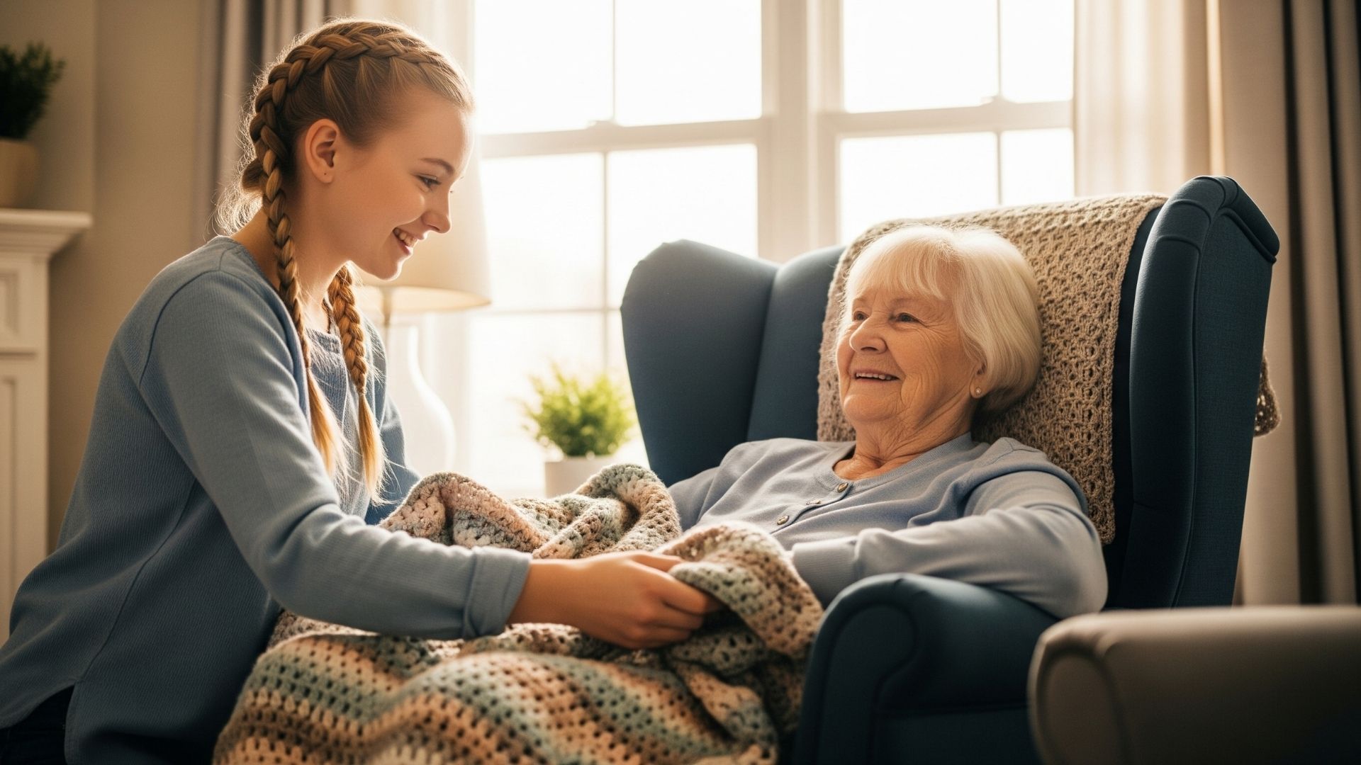 A granddaughter placing a warm blanket on her grandmother
