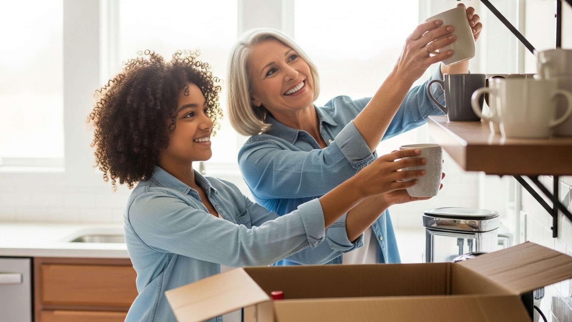 A grandmother and granddaughter unpacking mugs in a new kitchen