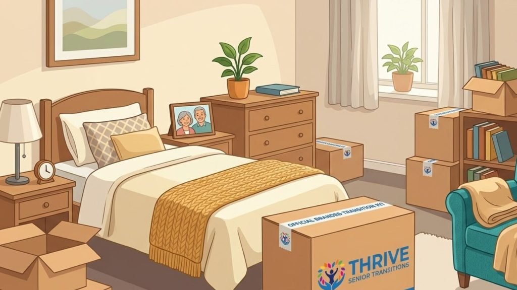 A bedroom is packed with moving boxes, with a bed, dresser, armchair, and a framed photo of a couple.