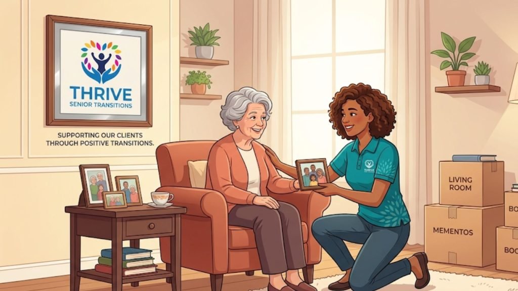 A caregiver helps a senior woman by showing her a framed family photo, with moving boxes and framed photos on a side table in the background.