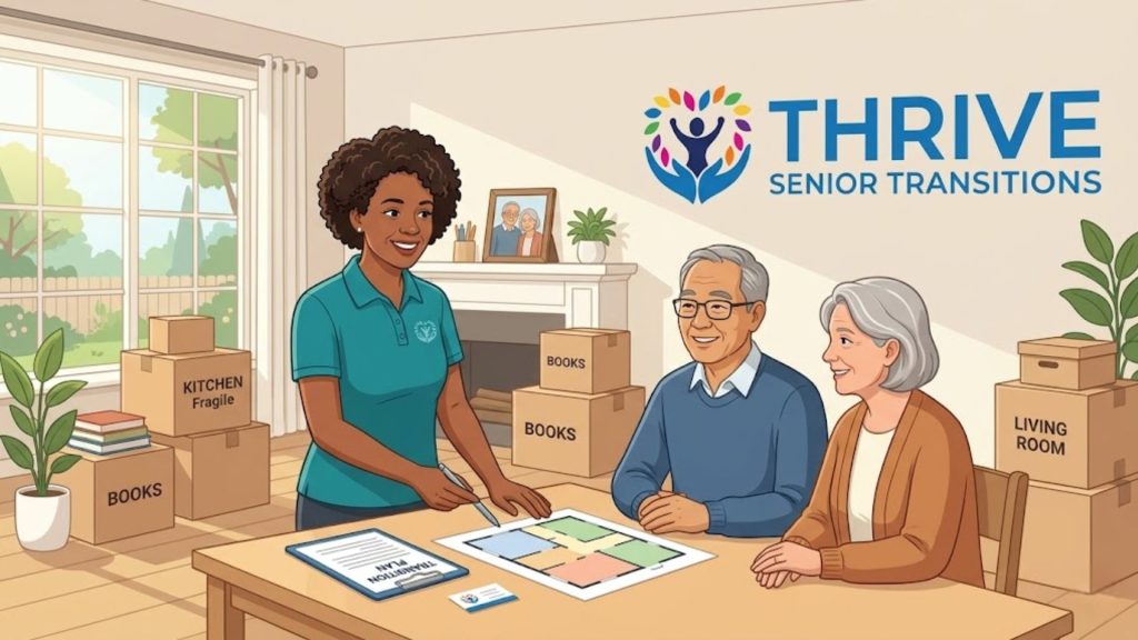 A consultant from Thrive Senior Transitions is helping an older couple plan their move, surrounded by moving boxes labeled "Kitchen," "Books," and "Living Room."