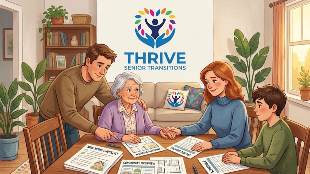A family reviews documents related to senior transitions around a table, with the Thrive Senior Transitions logo prominently displayed.
