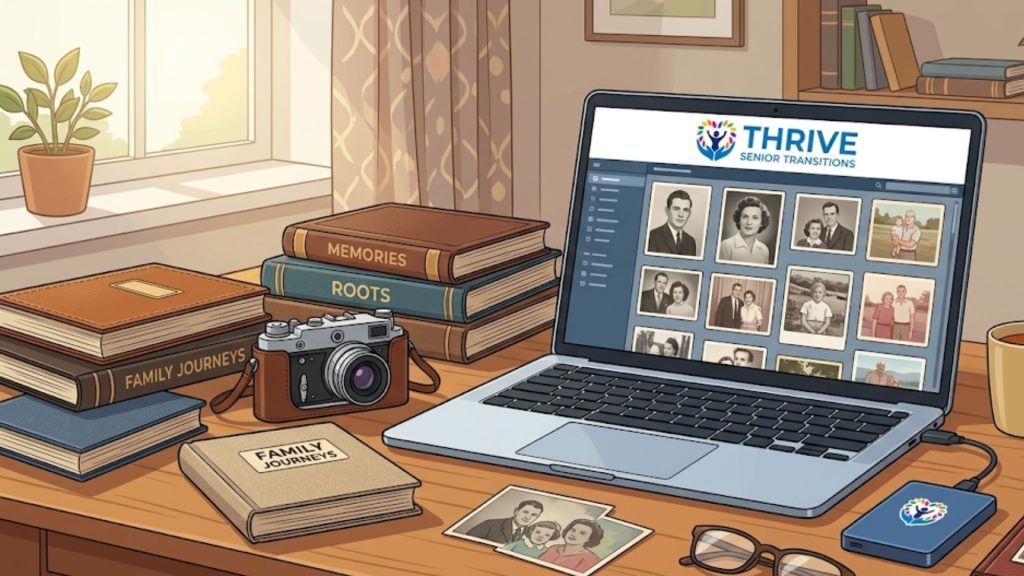 A laptop displays a grid of old family photos, next to stacks of books, a vintage camera, and loose photographs on a desk.