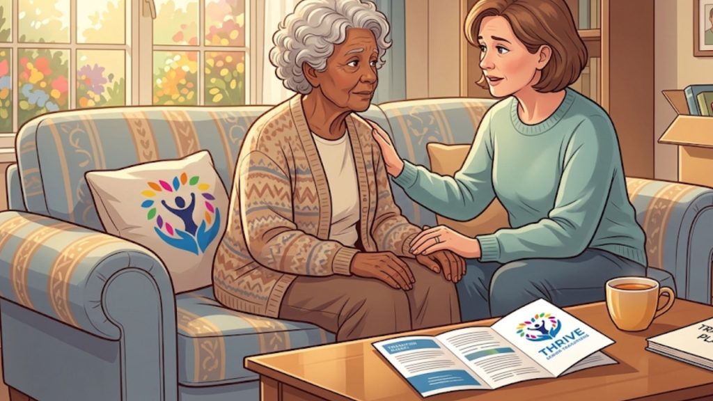 A person comforts another person sitting on a couch, with boxes and family photos in the background, suggesting a move or life transition. (1)