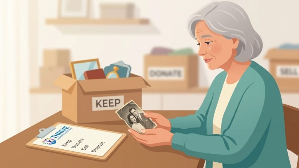 A person holds an old photograph while looking at a clipboard with a list. Boxes labeled 'KEEP', 'DONATE', and 'SELL' are in the background.