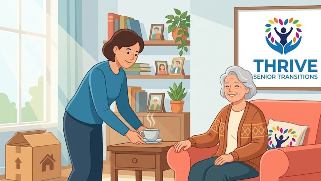 A person serves a cup of coffee to an elder sitting in an armchair, with a Thrive Senior Transitions logo on the wall.