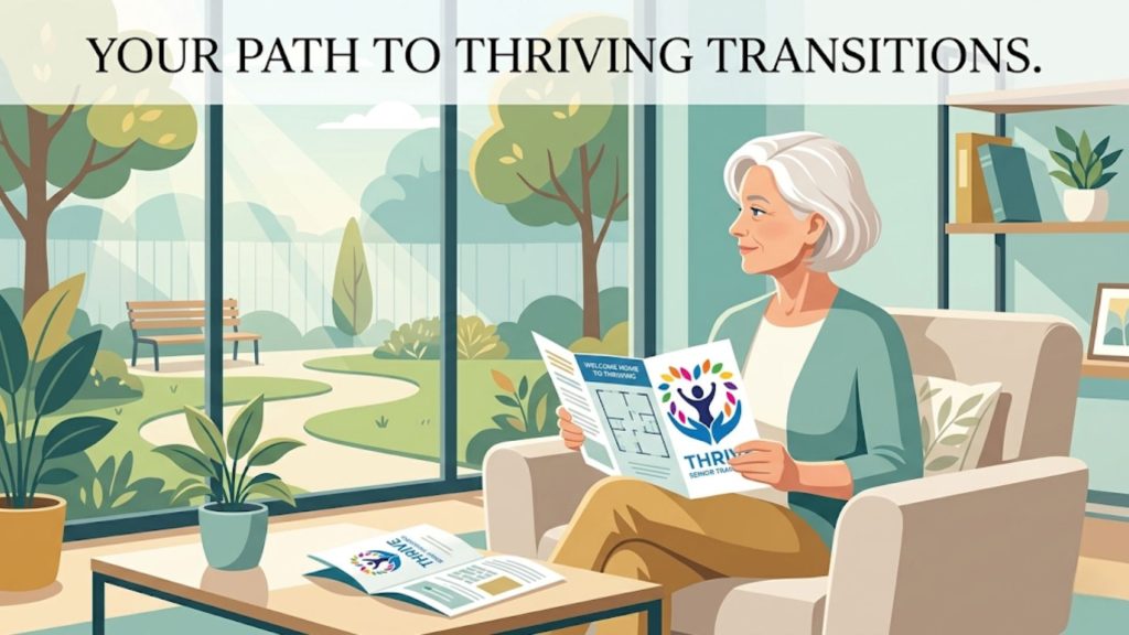 A person sits in an armchair reading a brochure with the Thrive logo, looking out at a garden through a large window. Text at the top reads YOUR PATH TO THRIVING TRANSITIONS.