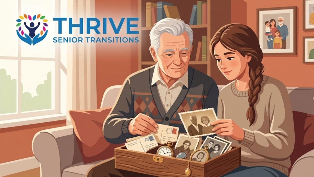 A young person and an older person look through a box of old photographs and letters