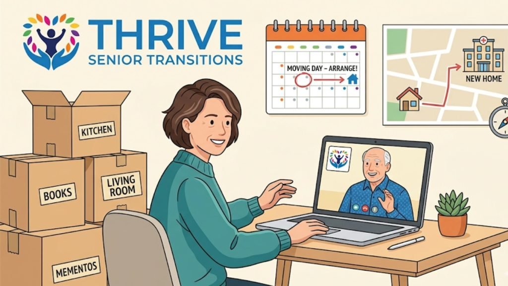Illustration for Thrive Senior Transitions showing a person on a video call with an older adult, surrounded by moving boxes, a calendar, and a map indicating a new home.