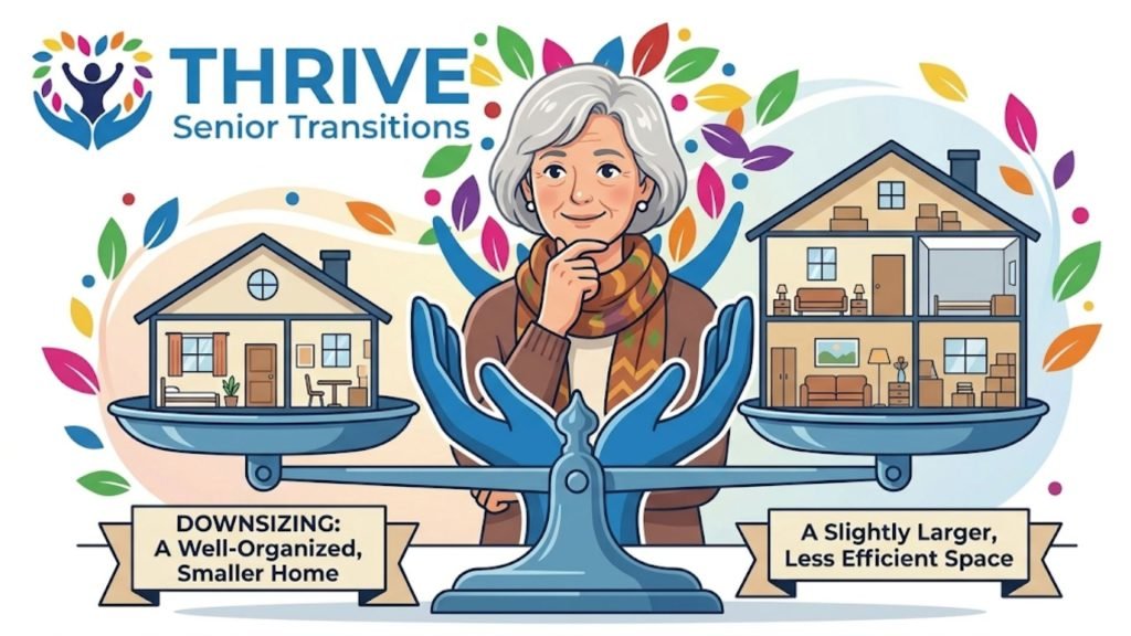 Illustration for Thrive Senior Transitions showing a scale balancing a smaller, well-organized home against a slightly larger, less efficient space, with a person contemplating the decision.