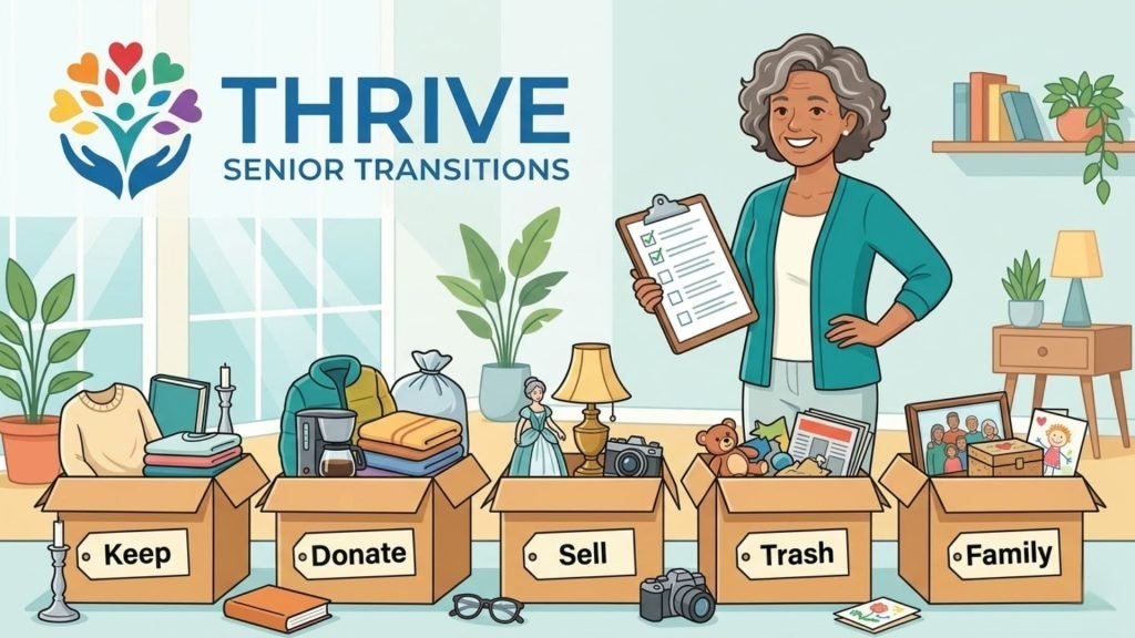 Illustration of a person holding a clipboard, standing next to five boxes labeled Keep, Donate, Sell, Trash, and Family, filled with various items