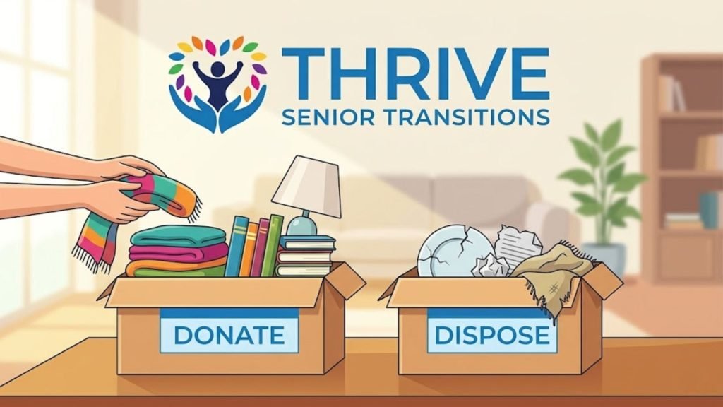 Illustration showing two cardboard boxes labeled "DONATE" and "DISPOSE" on a table. The "DONATE" box contains folded clothes, books, and a lamp