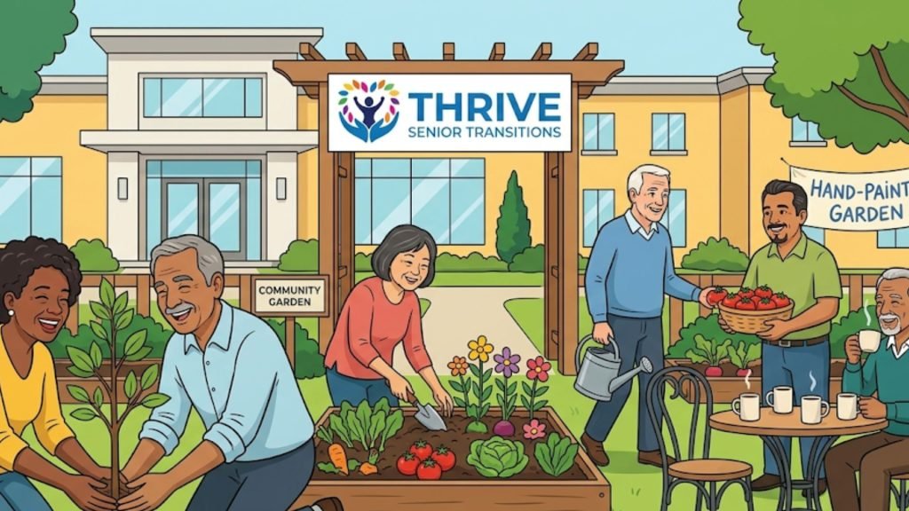 Seniors engage in various gardening activities, planting a tree, tending to a raised garden bed, and harvesting tomatoes