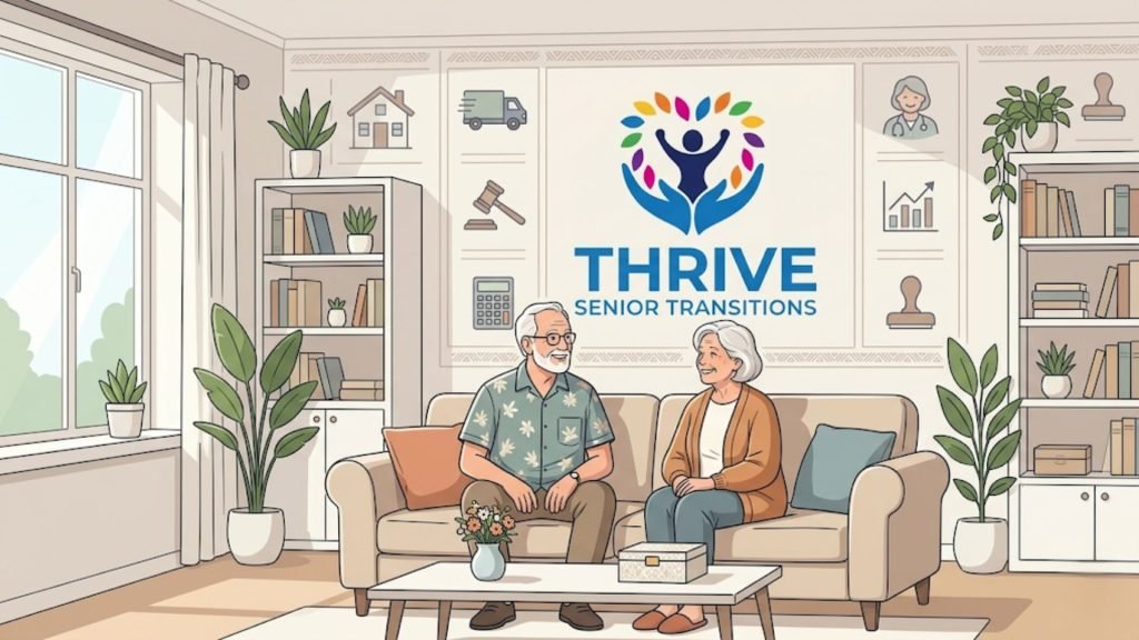 The Thrive Senior Transitions logo is displayed on a wall above a couple sitting on a sofa in a living room