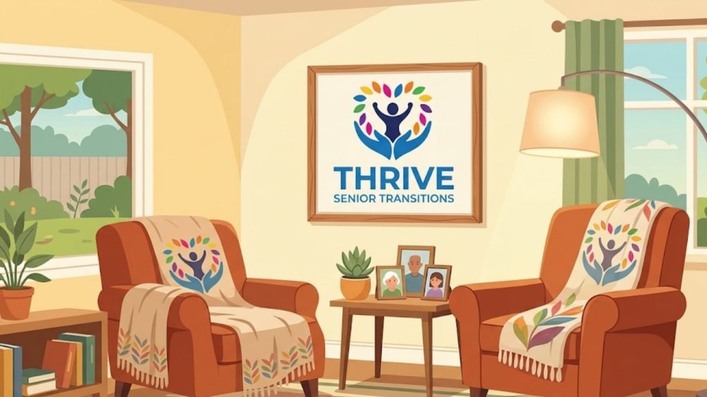 Two armchairs in a living room, each draped with a blanket featuring the Thrive Senior Transitions logo.