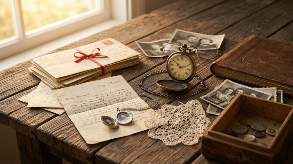 a collection of heilooms from past generations on a wooden table that needs to be preserved