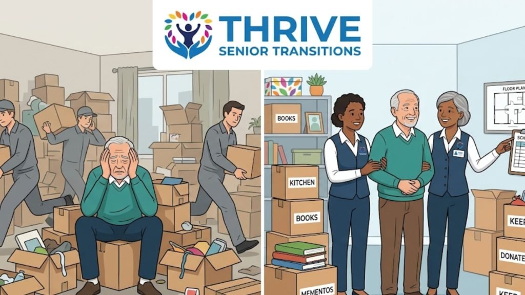 The left side depicts movers surrounding a stressed senior citizen amidst many moving boxes. The right side shows two women assisting a senior citizen, with boxes labeled "Keep," "Donate," and "Moments," and a floor plan on the wall.